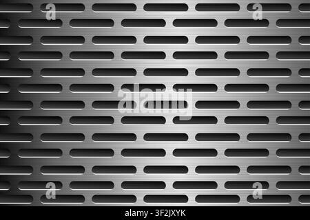Realistic dark brushed perforated metal plate texture with horizontal slots on an industrial background. Stock Vector