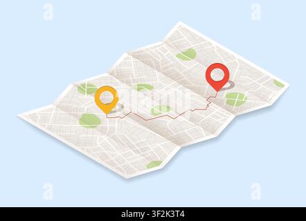 Pins on paper city map. Local street gps navigate. City route navigation to marker. Geography distance plan. Vector illustration on blue background Stock Vector