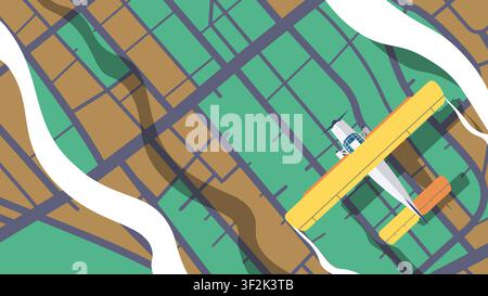 Plane flying over the ground in the clouds. Top view of airplane flying above city map. Traveling on airplane View from above. Vector illustration of Stock Vector