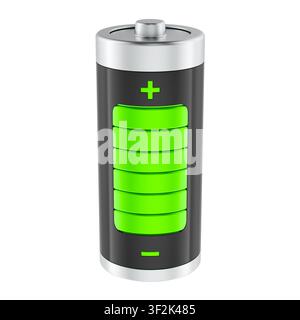 Fully charged green battery with energy level indicator. 3D rendering isolated on white background - Photomontage Stock Photo