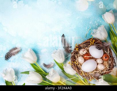 Easter composition with Easter eggs in nest and white tulips on the blue background. Bunch of spring flowers and Easter decor. Top view with copy space. Stock Photo