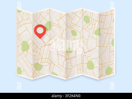 Pin on paper city map. City route navigation to marker. Local street gps navigate.. Geography distance plan. Vector illustration on blue background Stock Vector