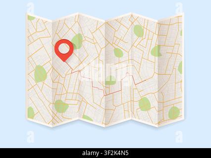 Pin on paper city map. City route navigation to marker. Local street gps navigate.. Geography distance plan. Vector illustration on blue background Stock Vector