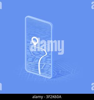 Online mobile application includes smartphone, road on the screen. Location with GPS map. Vector illustration with city map background Stock Vector