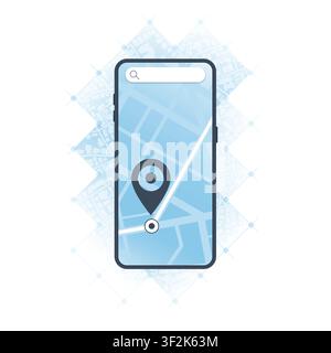 Online mobile application for navigation. Smartphone, road on the screen and big pin. Location with GPS map. Vector illustration with city map Stock Vector