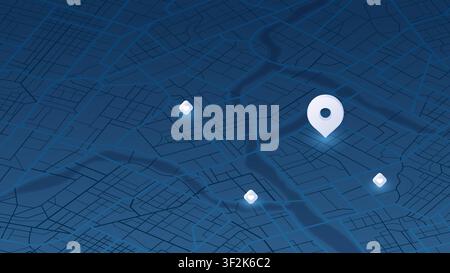 Dark blue map interface with large white location pin and glowing markers on street grid background Stock Vector