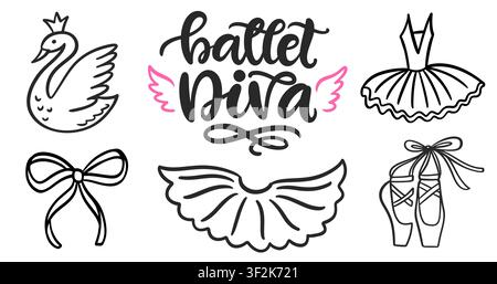 Ballet vector with ballerina element lettering set Stock Vector