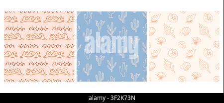 Boho coastal waves and shells seamless pattern set Stock Vector