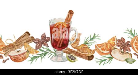 Hand Painted Vector Watercolor Mulled Wine Seamless Border, Christmas Spices, Cinnamon, Autumn Cozy Floral Frame for Greeting Card Design Template. Stock Vector