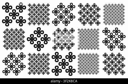 Collection of black seamless checkered patterns with floral shapes on a clean white background. Playful designs for fashion, textiles, home decor, and Stock Vector