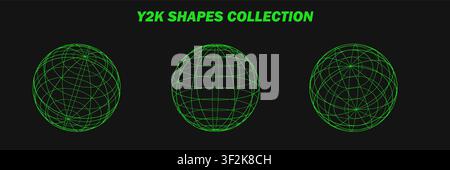 Abstract wireframes, cyberpunk elements and perspective green grids on a spheres. Psychedelic y2k shapes. Rave vector elements or trendy psychedelic s Stock Vector
