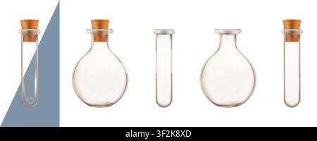 Transparent empty test tube, water bottle for chemical analysis. 3d lab flask with plug cork, chemistry laboratory isolated equipment. Pure or dirty Stock Vector