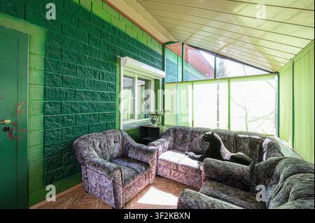 cozy room with green brick walls, soft patterned furniture, and large windows letting in light.  A black panther statue lounges on the sofa Stock Photo