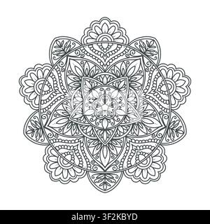 Mandala with symmetrical ornament, sketch. Vector illustration. A pattern of petals, swirls, and geometric elements. For anti‑stress coloring books, p Stock Vector