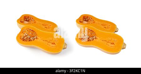 Butternut squash half isolated on white. Raw fresh autumn pumpkin, ripe orange gourd, natural tasty thanksgiving product, butter nut pumpkin on white Stock Photo