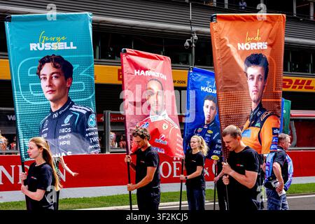 SPA - Flags of Formula 1 driver George Russell of Mercedes AMG-Petronas Formula One Team, f44/, Formula 1 driver Lando Norris of McLaren Mastercard Formula 1 Team during the Formula 1 Belgium at Spa Francorchamps on July 19, 2026 in Spa, Belgium. (Photo by Marcel van Dorst / EYE4IMAGES/DeFodi Images) Stock Photo