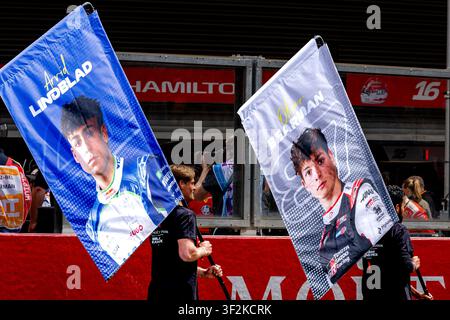 SPA - flags of Formula 1 driver Arvid Lindblad or Visa Cash App Racing Bulls Formula One Team, Formula 1 driver Oliver Bearman or TGR Haas F1 Team during the Formula 1 Belgium at Spa Francorchamps on July 19, 2026 in Spa, Belgium. (Photo by Marcel van Dorst / EYE4IMAGES/DeFodi Images) Stock Photo