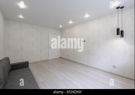 minimalist room with textured gray walls, light wood-look flooring, a gray sofa, and modern pendant lighting. Recessed ceiling lights add brightness. Stock Photo
