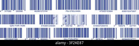 Blue bar code labels set with numbers. Collection of multiple horizontal barcodes for product identification, scanning and inventory tracking Stock Vector