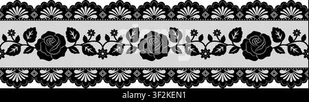 Elegant seamless lace border with vintage scallop edge and ornate rose floral trim. Vector design for wedding ribbon, fashion textile Stock Vector