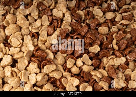 Chocolate cereal flakes texture background, rice crispy breakfast pattern. Corn and choco cornflakes wallpaper, breakfast caramel cereal pops mockup w Stock Photo