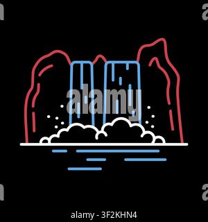 Mountain in the middle of a waterfall vector icon on black background. Nature sign. Graph symbol for travel and tourism web site and apps design, logo Stock Vector
