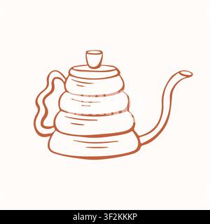 Gooseneck kettle for pour over coffee brewing isolated on white background. Line art style sketch icon. Barista equipment. Hand drawn illustration. Stock Vector