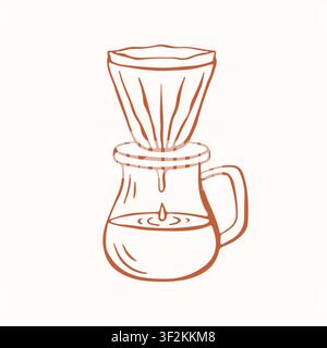 Pour over coffee maker icon with glass carafe and paper filter for brewing aromatic beverage. Simple hand drawn line art style on white background Stock Vector