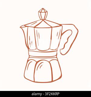 Moka pot coffee maker in line art drawing style. Kitchen appliance for brewing espresso beverage. Simple brown contour line sketch. Isolated graphic Stock Vector