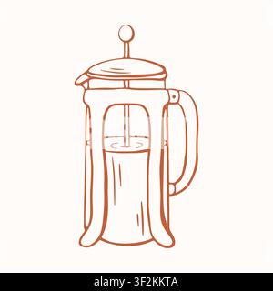 French press coffee maker with manual plunger in line art sketch style. Kitchen utensil tool for brewing beverage. Symbol for cafe, menu, banner or Stock Vector