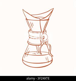 Glass coffee dripper with paper filter icon. Hand drawn sketch of pour over brewing equipment. Modern barista tool for cafe menu. Minimalist brown Stock Vector