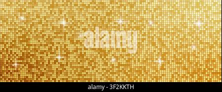 Gold sequin panel background with square tiles and sparkle flares. Mosaic disco bg. Retro glam template Stock Vector