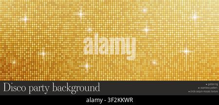 Gold sequin panel background with tiny circle mosaic tiles and starburst flares. Retro disco glam bg Stock Vector