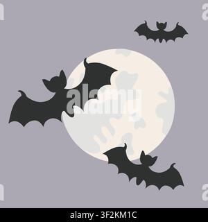 Hand-drawn Halloween illustration with bats and moon for seasonal decor, autumn packaging, scary party Stock Vector