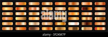 Realistic bronze golden gradient texture pack 48 in 1. Fill and stroke effects. Shiny gold copper metal foil gradient set. Metallic shiny buttons with Stock Vector