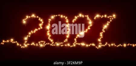 2027 Happy New Year concept with glowing golden garlands in continuous one line style. Christmas and Chinese New Year decor. Card concept with red dar Stock Vector