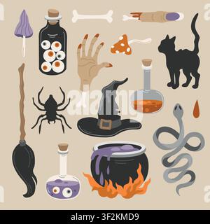 Hand-drawn Halloween witch equipment, magic potion, severed finger, zombie hand with bone, black cat, spider, broom and toadstools Stock Vector