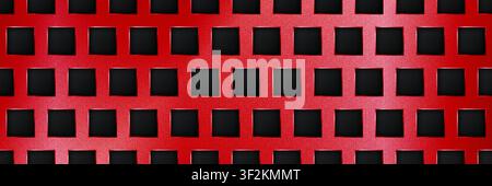 Red seamless perforated metal sheet realistic texture. Metal chrome grill plate with squares holes. Modern design carbon radiator bg. Macro speaker ra Stock Vector
