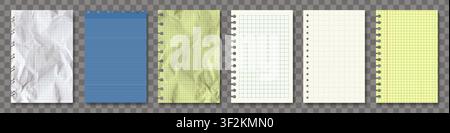 Vector realistic note paper pack isolated. White, retro, yellow and blue. New, torn, crumpled, jagged blueprint empty notebook sheets. Grid lines, cro Stock Vector
