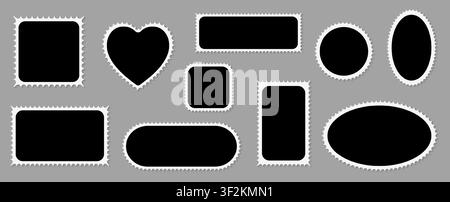 Vector set of scalloped black and white postage frames isolated. Outline border template. Simple minimalist label text box. Blank scallop edge stamp m Stock Vector