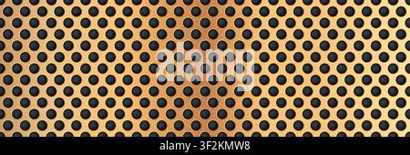 Gold seamless perforated metal sheet realistic texture. Metal chrome grill plate with small circle holes. Modern design carbon radiator bg. Macro spea Stock Vector