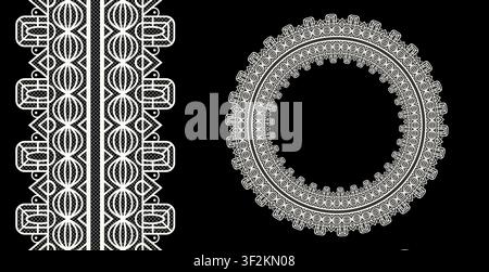 Seamless realistic textured lace border round frame isolated on black. Vintage crochet embroidery frame. Classic ornament border trim ribbon line. Vec Stock Vector