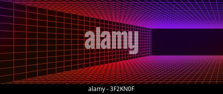 Futuristic perspective grid box on black background. Abstract 3D room in retro cyber style. Sci-fi template for banner, cover and interface design Stock Vector