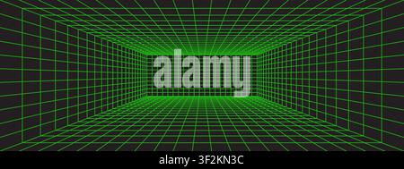 Futuristic green perspective grid box. Wireframe room on black background. Abstract 3D digital space with grid lines Stock Vector