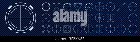 Crosshair white aim hud big set isolated. Aiming bullseye signs icons pack. Sniper weapon scope shooting games template. Crosshair military hud red fo Stock Vector