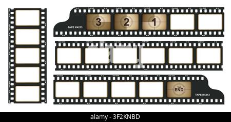 Vintage movie film long strip template pack isolated on white background. Cinema and filmmaking overlay with brown old filter. Retro video cinema or p Stock Vector