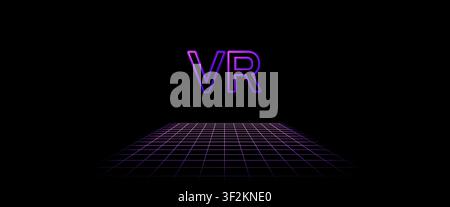 Grid box perspective 3d perspective digital background in violet VR style. Cyberspace wireframe laser mesh virtual reality metaverse abstract. VR game Stock Vector