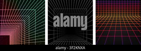 Abstract wireframe perspective grid box on black background. Empty 3D digital room with grid lines in futuristic style Stock Vector