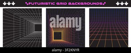 Futuristic neon perspective grid background set. Neon wireframe box with particles. Retro 80s style. Cyber technology template Stock Vector