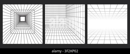 Perspective grid box set. Wireframe lines on dark background. Abstract 3D room bg in retro style Stock Vector